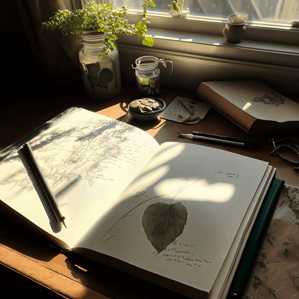 A beautiful green leatherbound book open with lots of handwritten notes and sketches. A pen on top of a page. The book rests on a wooden desk beside a window with a plant. It's a very sunny day and there's a lot of light coming from the window.